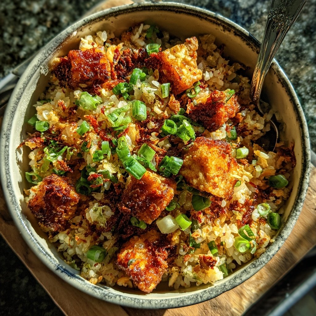 Crispy Tofu Garlic Rice Bowl